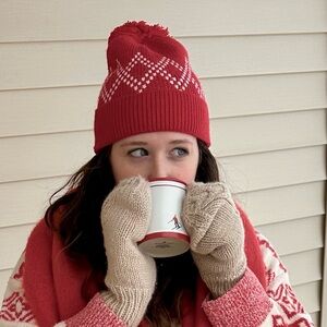 GIGI PIP Red Knit Pom Beanie with White Diamond Pattern